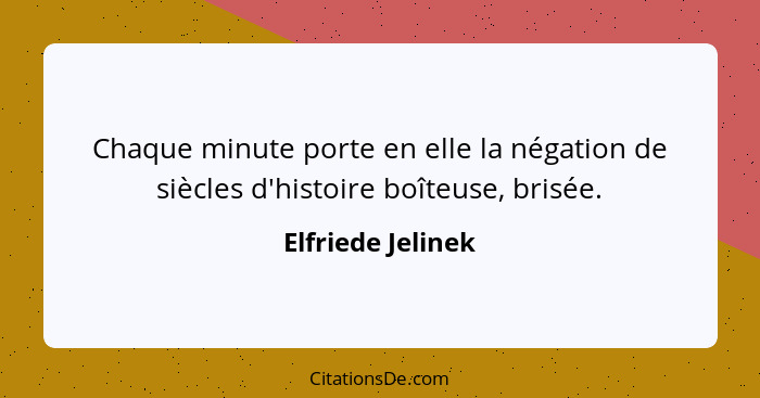 Chaque minute porte en elle la négation de siècles d'histoire boîteuse, brisée.... - Elfriede Jelinek