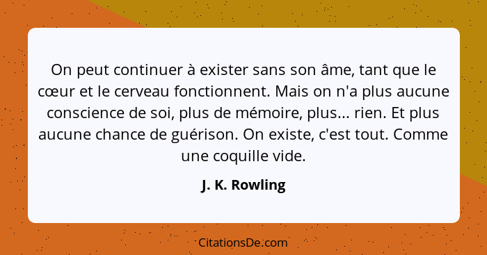 On peut continuer à exister sans son âme, tant que le cœur et le cerveau fonctionnent. Mais on n'a plus aucune conscience de soi, plus... - J. K. Rowling