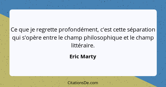 Ce que je regrette profondément, c'est cette séparation qui s'opère entre le champ philosophique et le champ littéraire.... - Eric Marty