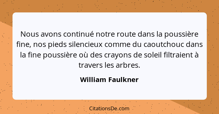 Nous avons continué notre route dans la poussière fine, nos pieds silencieux comme du caoutchouc dans la fine poussière où des cray... - William Faulkner