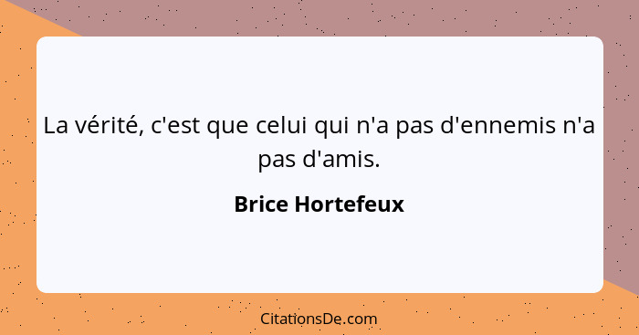 La vérité, c'est que celui qui n'a pas d'ennemis n'a pas d'amis.... - Brice Hortefeux