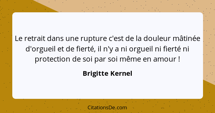 Le retrait dans une rupture c'est de la douleur mâtinée d'orgueil et de fierté, il n'y a ni orgueil ni fierté ni protection de soi p... - Brigitte Kernel