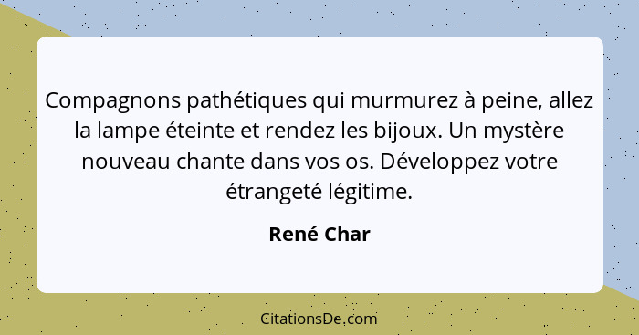 Compagnons pathétiques qui murmurez à peine, allez la lampe éteinte et rendez les bijoux. Un mystère nouveau chante dans vos os. Développe... - René Char