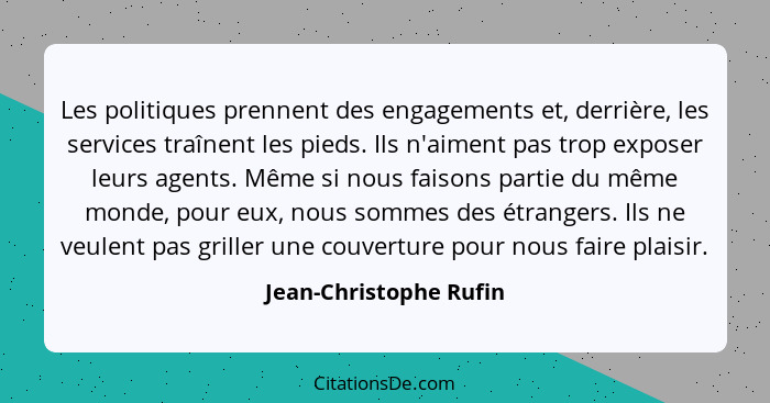 Les politiques prennent des engagements et, derrière, les services traînent les pieds. Ils n'aiment pas trop exposer leurs age... - Jean-Christophe Rufin