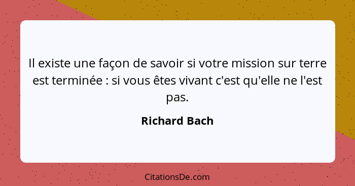 Il existe une façon de savoir si votre mission sur terre est terminée : si vous êtes vivant c'est qu'elle ne l'est pas.... - Richard Bach