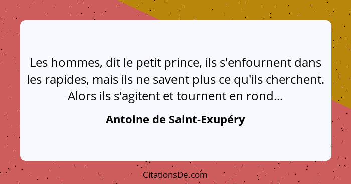 Les hommes, dit le petit prince, ils s'enfournent dans les rapides, mais ils ne savent plus ce qu'ils cherchent. Alors ils... - Antoine de Saint-Exupéry