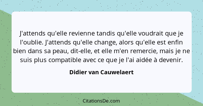 J'attends qu'elle revienne tandis qu'elle voudrait que je l'oublie. J'attends qu'elle change, alors qu'elle est enfin bien dan... - Didier van Cauwelaert