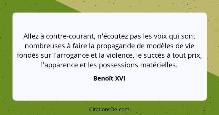 Allez à contre-courant, n'écoutez pas les voix qui sont nombreuses à faire la propagande de modèles de vie fondés sur l'arrogance et la v... - Benoît XVI