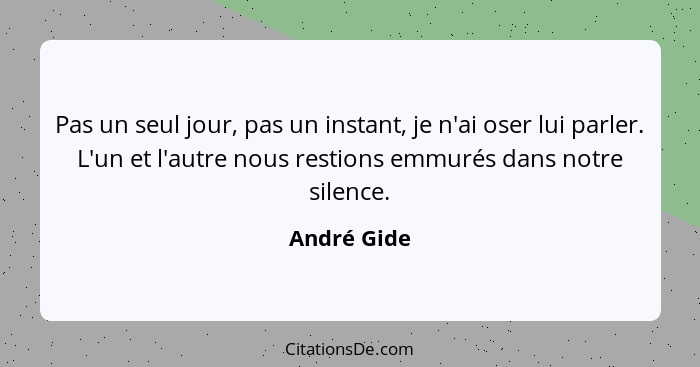 Pas un seul jour, pas un instant, je n'ai oser lui parler. L'un et l'autre nous restions emmurés dans notre silence.... - André Gide