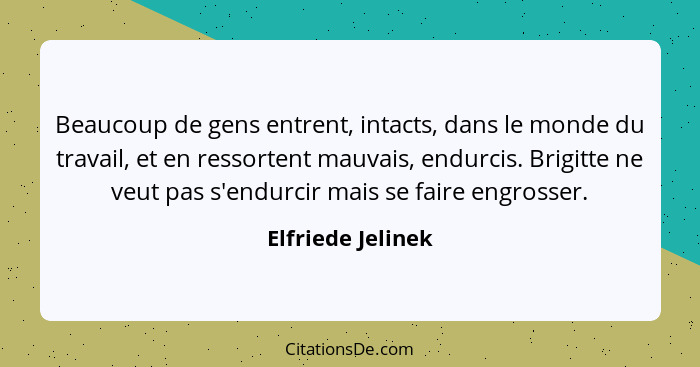 Beaucoup de gens entrent, intacts, dans le monde du travail, et en ressortent mauvais, endurcis. Brigitte ne veut pas s'endurcir ma... - Elfriede Jelinek