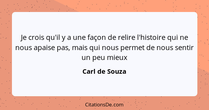 Je crois qu'il y a une façon de relire l'histoire qui ne nous apaise pas, mais qui nous permet de nous sentir un peu mieux... - Carl de Souza