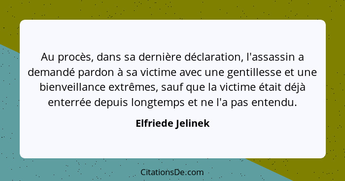 Au procès, dans sa dernière déclaration, l'assassin a demandé pardon à sa victime avec une gentillesse et une bienveillance extrême... - Elfriede Jelinek