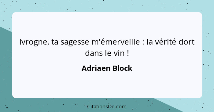 Ivrogne, ta sagesse m'émerveille : la vérité dort dans le vin !... - Adriaen Block