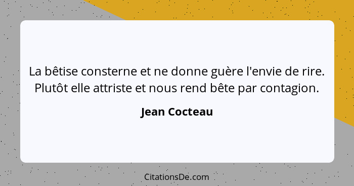 La bêtise consterne et ne donne guère l'envie de rire. Plutôt elle attriste et nous rend bête par contagion.... - Jean Cocteau