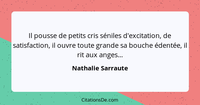 Il pousse de petits cris séniles d'excitation, de satisfaction, il ouvre toute grande sa bouche édentée, il rit aux anges...... - Nathalie Sarraute