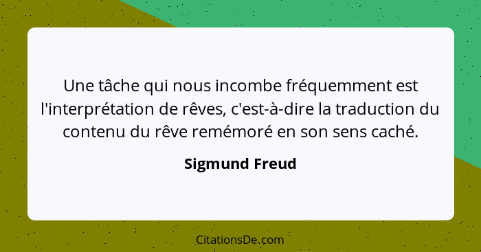 Une tâche qui nous incombe fréquemment est l'interprétation de rêves, c'est-à-dire la traduction du contenu du rêve remémoré en son se... - Sigmund Freud