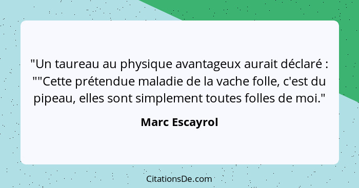 "Un taureau au physique avantageux aurait déclaré : ""Cette prétendue maladie de la vache folle, c'est du pipeau, elles sont simp... - Marc Escayrol