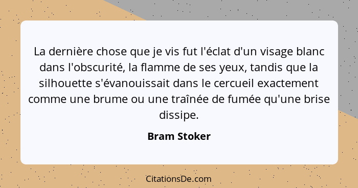 La dernière chose que je vis fut l'éclat d'un visage blanc dans l'obscurité, la flamme de ses yeux, tandis que la silhouette s'évanouiss... - Bram Stoker