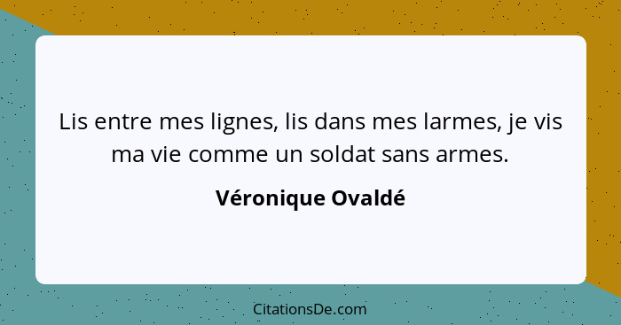 Lis entre mes lignes, lis dans mes larmes, je vis ma vie comme un soldat sans armes.... - Véronique Ovaldé