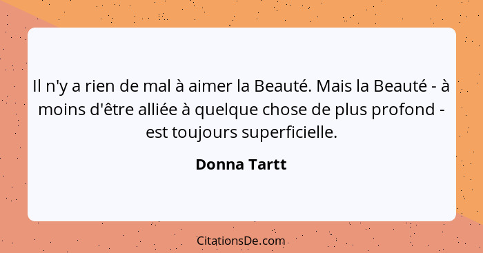 Il n'y a rien de mal à aimer la Beauté. Mais la Beauté - à moins d'être alliée à quelque chose de plus profond - est toujours superficie... - Donna Tartt