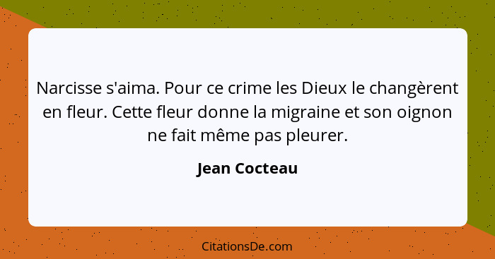 Narcisse s'aima. Pour ce crime les Dieux le changèrent en fleur. Cette fleur donne la migraine et son oignon ne fait même pas pleurer.... - Jean Cocteau