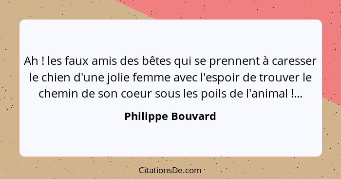 Ah ! les faux amis des bêtes qui se prennent à caresser le chien d'une jolie femme avec l'espoir de trouver le chemin de son c... - Philippe Bouvard