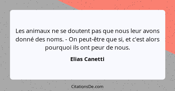 Les animaux ne se doutent pas que nous leur avons donné des noms. - On peut-être que si, et c'est alors pourquoi ils ont peur de nous.... - Elias Canetti