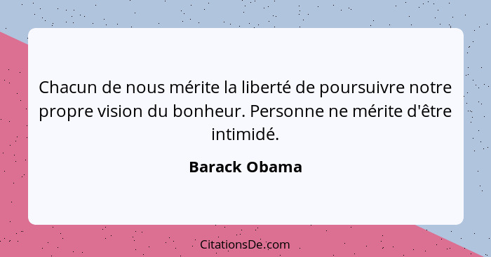 Chacun de nous mérite la liberté de poursuivre notre propre vision du bonheur. Personne ne mérite d'être intimidé.... - Barack Obama