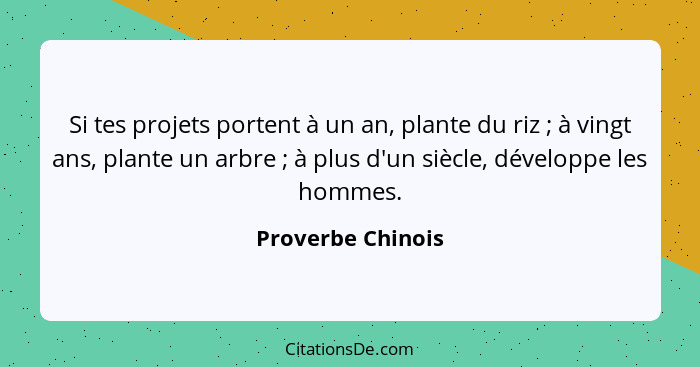 Si tes projets portent à un an, plante du riz ; à vingt ans, plante un arbre ; à plus d'un siècle, développe les hommes.... - Proverbe Chinois