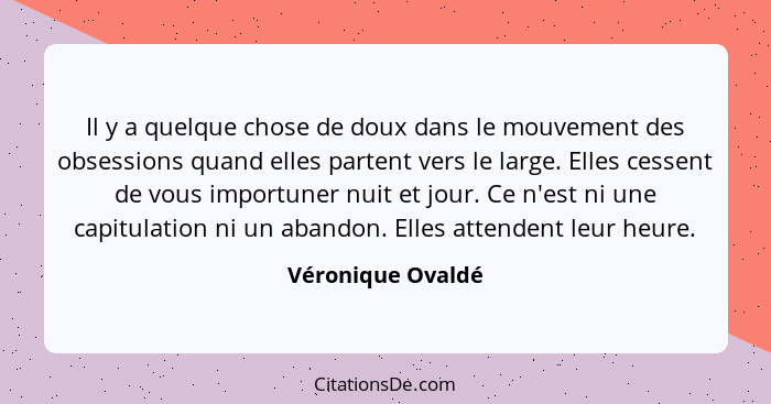 Il y a quelque chose de doux dans le mouvement des obsessions quand elles partent vers le large. Elles cessent de vous importuner n... - Véronique Ovaldé