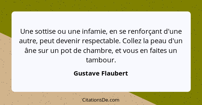 Une sottise ou une infamie, en se renforçant d'une autre, peut devenir respectable. Collez la peau d'un âne sur un pot de chambre,... - Gustave Flaubert