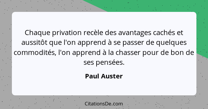 Chaque privation recèle des avantages cachés et aussitôt que l'on apprend à se passer de quelques commodités, l'on apprend à la chasser... - Paul Auster
