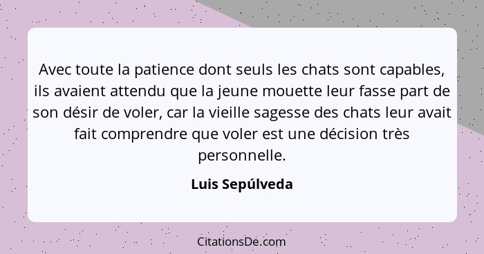 Avec toute la patience dont seuls les chats sont capables, ils avaient attendu que la jeune mouette leur fasse part de son désir de v... - Luis Sepúlveda