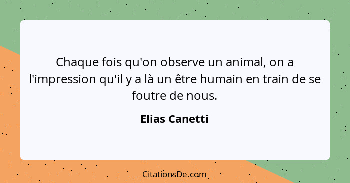 Chaque fois qu'on observe un animal, on a l'impression qu'il y a là un être humain en train de se foutre de nous.... - Elias Canetti