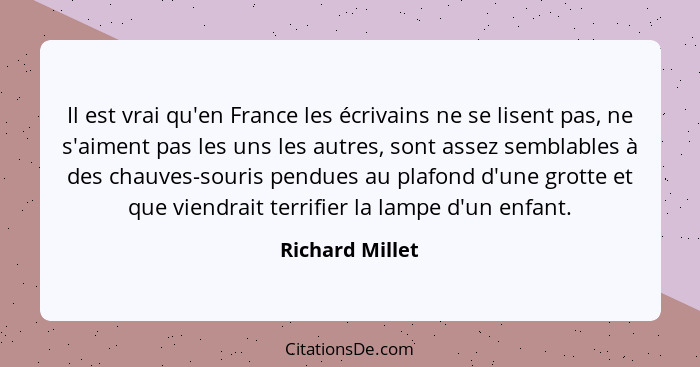 Il est vrai qu'en France les écrivains ne se lisent pas, ne s'aiment pas les uns les autres, sont assez semblables à des chauves-sour... - Richard Millet