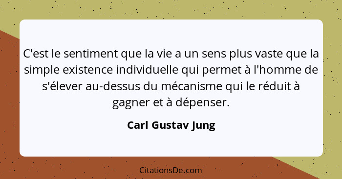 C'est le sentiment que la vie a un sens plus vaste que la simple existence individuelle qui permet à l'homme de s'élever au-dessus... - Carl Gustav Jung