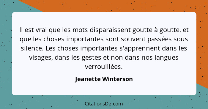 Il est vrai que les mots disparaissent goutte à goutte, et que les choses importantes sont souvent passées sous silence. Les chos... - Jeanette Winterson