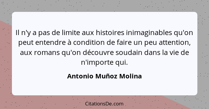 Il n'y a pas de limite aux histoires inimaginables qu'on peut entendre à condition de faire un peu attention, aux romans qu'on... - Antonio Muñoz Molina
