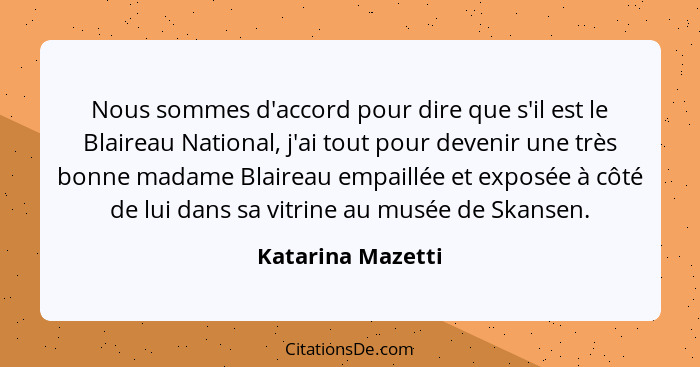 Nous sommes d'accord pour dire que s'il est le Blaireau National, j'ai tout pour devenir une très bonne madame Blaireau empaillée e... - Katarina Mazetti