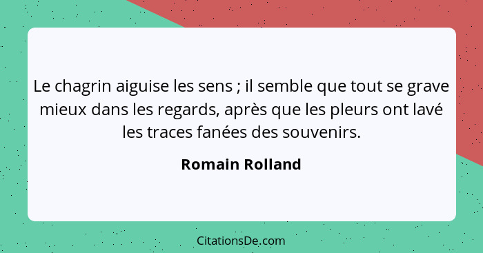 Le chagrin aiguise les sens ; il semble que tout se grave mieux dans les regards, après que les pleurs ont lavé les traces fanée... - Romain Rolland