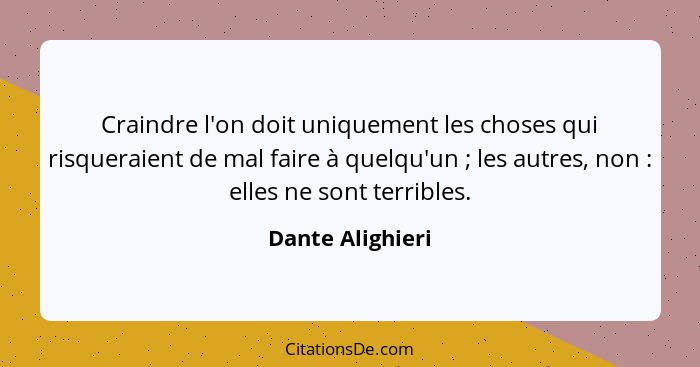 Craindre l'on doit uniquement les choses qui risqueraient de mal faire à quelqu'un ; les autres, non : elles ne sont terri... - Dante Alighieri