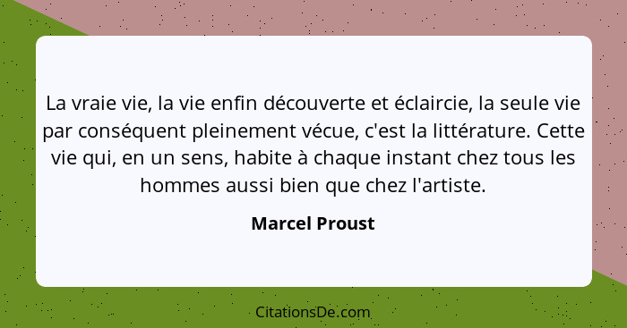 La vraie vie, la vie enfin découverte et éclaircie, la seule vie par conséquent pleinement vécue, c'est la littérature. Cette vie qui,... - Marcel Proust