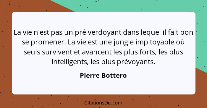 La vie n'est pas un pré verdoyant dans lequel il fait bon se promener. La vie est une jungle impitoyable où seuls survivent et avance... - Pierre Bottero