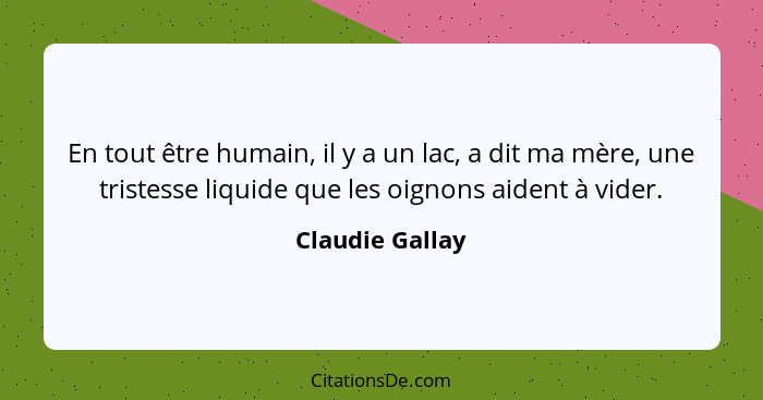 En tout être humain, il y a un lac, a dit ma mère, une tristesse liquide que les oignons aident à vider.... - Claudie Gallay