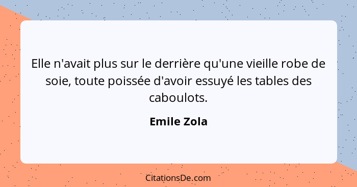 Elle n'avait plus sur le derrière qu'une vieille robe de soie, toute poissée d'avoir essuyé les tables des caboulots.... - Emile Zola