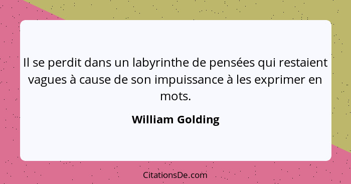 Il se perdit dans un labyrinthe de pensées qui restaient vagues à cause de son impuissance à les exprimer en mots.... - William Golding