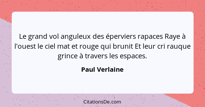 Le grand vol anguleux des éperviers rapaces Raye à l'ouest le ciel mat et rouge qui brunit Et leur cri rauque grince à travers les esp... - Paul Verlaine