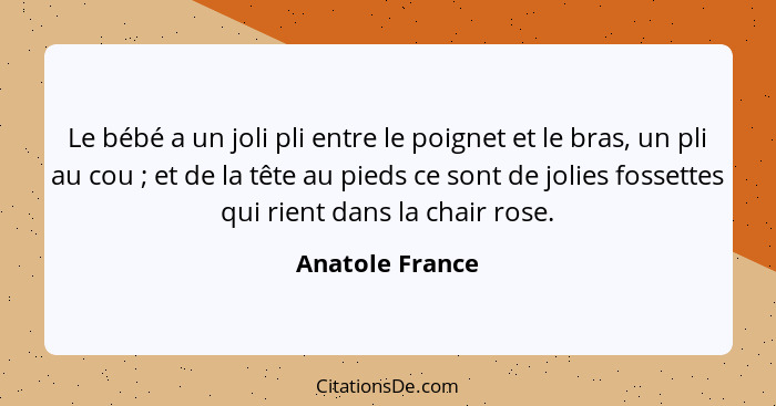 Le bébé a un joli pli entre le poignet et le bras, un pli au cou ; et de la tête au pieds ce sont de jolies fossettes qui rient... - Anatole France