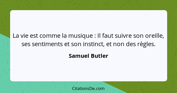 La vie est comme la musique : Il faut suivre son oreille, ses sentiments et son instinct, et non des règles.... - Samuel Butler