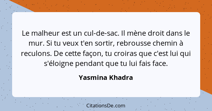 Le malheur est un cul-de-sac. Il mène droit dans le mur. Si tu veux t'en sortir, rebrousse chemin à reculons. De cette façon, tu croi... - Yasmina Khadra